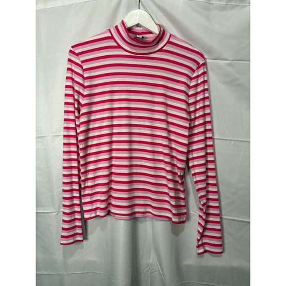 J. Crew Factory Pink White Striped Cotton Mock Turtleneck Ribbed Size XL - Picture 1 of 6